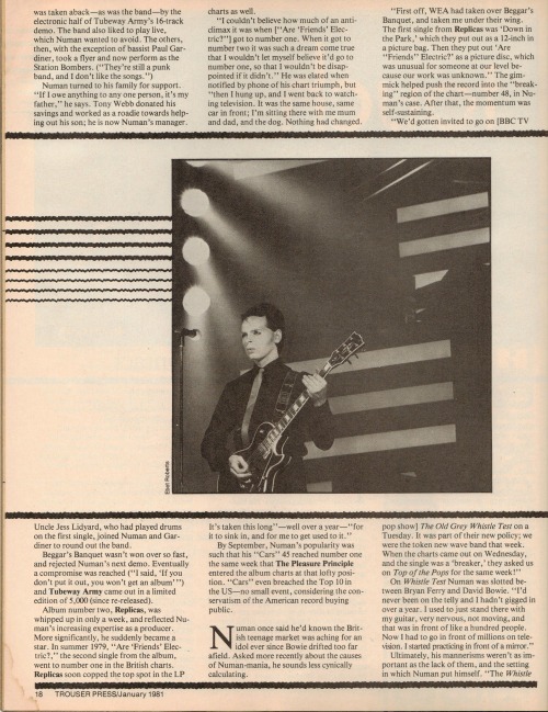 TouchGary Numan remains in contactBy Jim GreenFeatured on the January 1981 issue of Trouser Press.