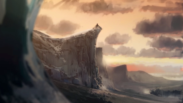 distance shot of korra sitting on naga on top of an ice cliff. it's sunset and the clouds are a kind of dark purple on a yellow sky.