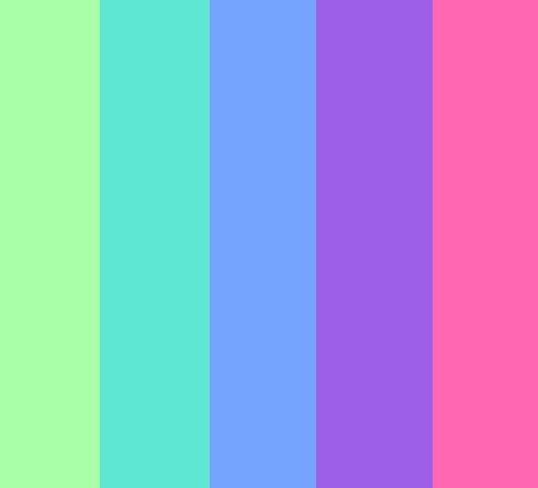 color-palettes:Candy Coated - Submitted by Sugaryrainbow#a8ffa8 #5ee8d3 #74a4ff #9d5ee8 #ff67b2