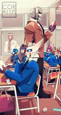 coralus:  TF Highschool AU!! It’s going to be my next doujinshi book..! A collaboration with rungs-eyebrows and me!! It’s mainly Drift/Ratchet but there’s slight Drift/Perceptor in it. The one written from Drift’s Bentou was: “From Ratchet”Bonus:((My