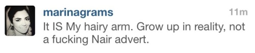 winecat:  typographical-error:  So some punks were posting shit about her arm hair and Marina replied. Oh my god, I adore her. She’s so fantastic, I swear to god.  hairy arms united in follicular solidarity  