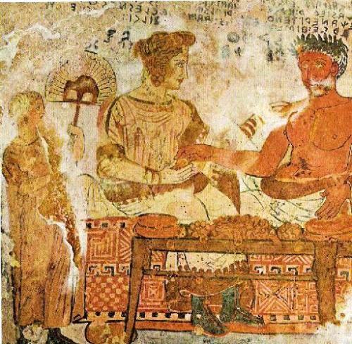 Banquet scene in the Tomb of the Shields, Tarquinia, 500 BCE