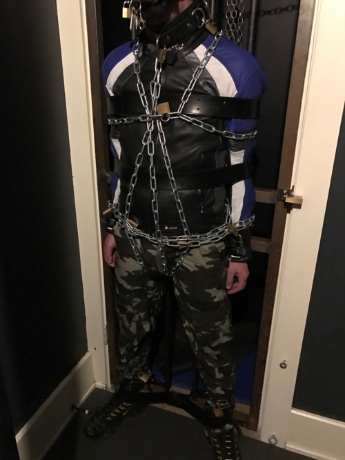 seabondagesadist:Sweet pup slave chained and strapped to the cell door for a while. He shares my interest in heavy bondage for the sake of the BONDAGE! I’m a really nice guy though. He could “escape” whenever he wanted out. I mean, I gave him the