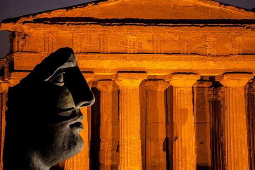 hellas-inhabitants:Greek Temple and Sculpture at night . Tony Russo Fine Art Photography.Ελληνικός Ν