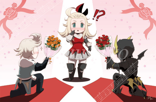 MY BRAVELY DEFAULT PRINT IS DONE!!!! The white text on top with the music notes are just part of the watermark I use, and it won’t be on the actual print. The print will be 11x17 on pretty good cardstock paper in matte format. Since my artist alley