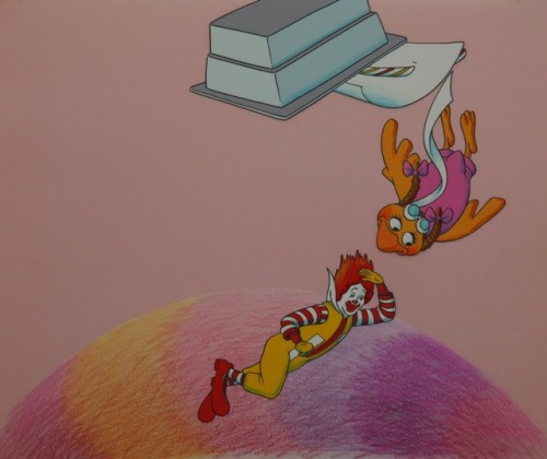 ‪Production art from a 1980s McDonald’s commercial, showing Ronald McDonald and Birdie the Early Bir