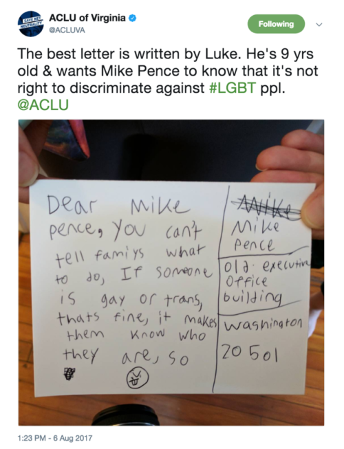 gaywrites: “Dear Mike Pence, you can’t tell familys what to do, If someone is gay or trans, thats fi