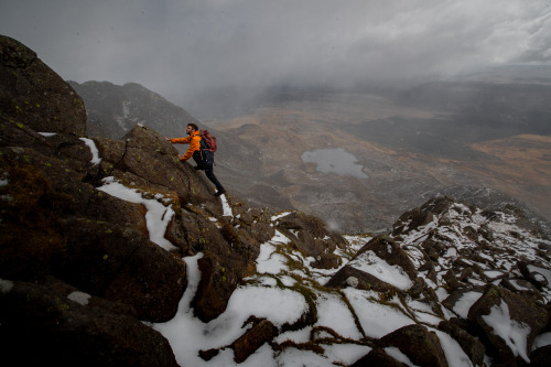 Scrambling in the snow on the Daear Ddu ridge, Snowdonia