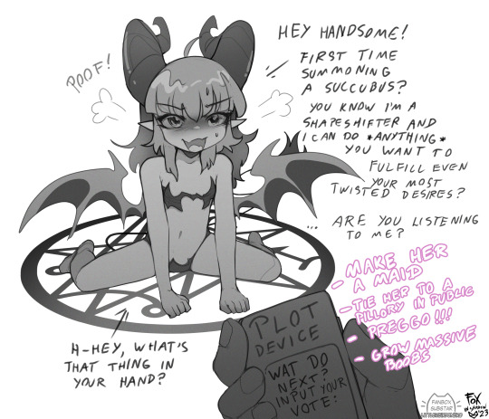 foxintwilight:Hey errybody, Kuki got a bit busy with life and we can’t start a new animation projecto for the time being, so I thought I’d step in with a lil CYOA voting poll, and I happen to know just the right succubus to put through some
