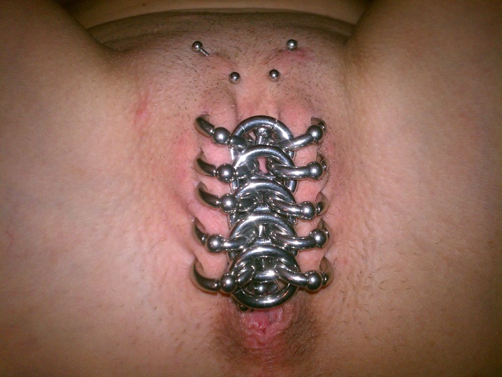 pussymodsgalore:  pussymodsgalore  Ten outer labia piercings with rings, linked by
