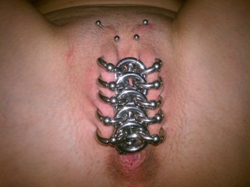 mrandmrsfist:  pussymodsgalore:  pussymodsgalore  Ten outer labia piercings with rings, linked by rings, chastity piercing. Two Christina piercings, and a VCH. I make that 13 piercings, an earlier poster counted 18, but I do not consider the central linki