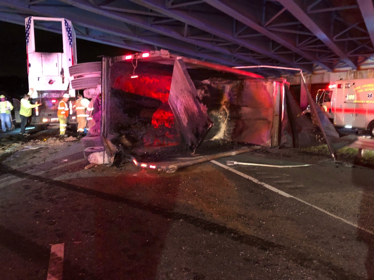 Dump truck left their bed up and hit a overhead bridge on my job last night 