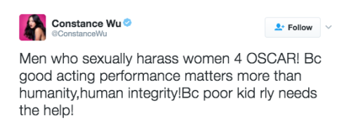 naramdil: refinery29:  Constance Wu is laying her career on the line to remind you that the Oscars have rewarded Casey Affleck for abusive behavior toward women Casey Affleck’s breakout performance in Manchester by the Sea has drawn attention back to