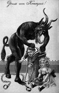 scarychristmasdolly:   Gruss von Krampus - Greetings from Krampus  Krampus punishes the naughty children, swatting them with switches and rusty chains before dragging them in baskets to a fiery place below. In 19th century New York City an American St.
