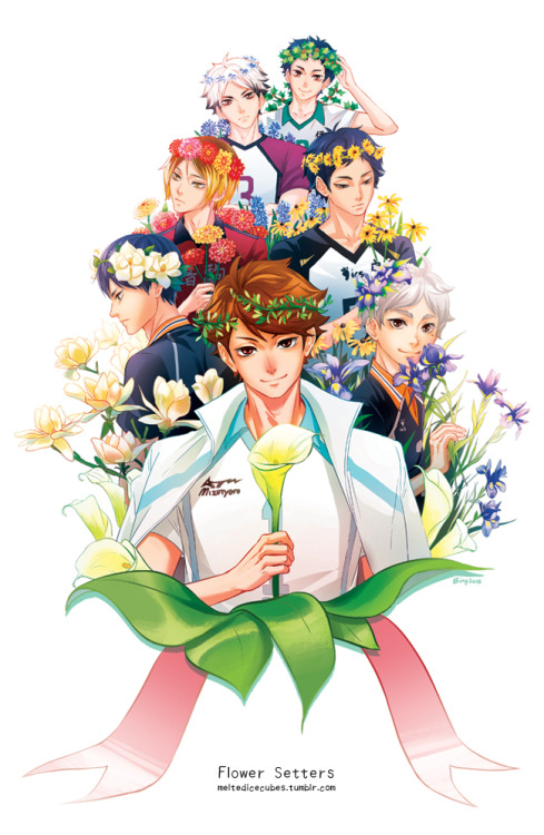 Flower setters, because HQ setters are all somehow beautiful. Print will be available at Otakon this