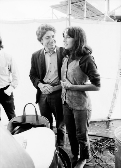 lindamccartney:Joan Baez and Leonard Cohen backstage at the Newport Folk Festival in July, 1967