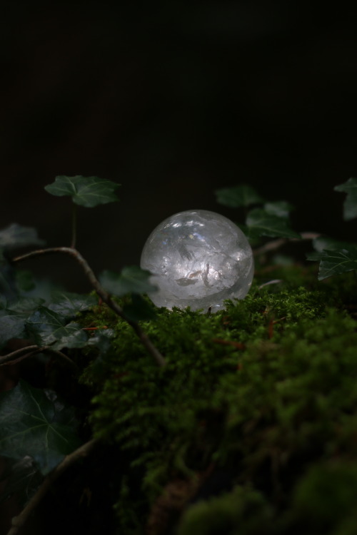 Clear quartz sphere at the forest.Instagram | Etsy Shop