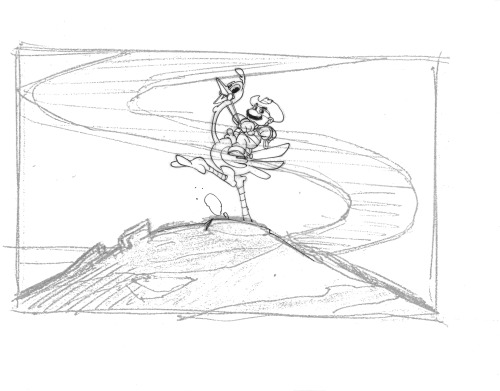 A Xerox production model sketch of Mario as the Provolone Ranger riding his Ostro, from the Super Ma