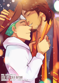 synnesai:HAPPY HOLIDAYS TO @churrios !! I was your secret santa for @mcgenjisecretsanta i took your ‘baby it’s cold outsitde’ prompt cause I LOVE THAT PHRASE… so here is genji giving mccree his scarf and mccree sharing his cape ;3; I hope you