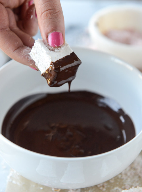 sweetoothgirl:chocolate dipped mini champagne marshmallows with blood orange sugar