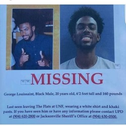 jishur: tracesofherfootprints: Guys, my cousin has been missing since Sunday morning. If anyone in the Jacksonville, FL area has any information, please contact the police. He was last seen at The Flats at the University of North Florida wearing a white