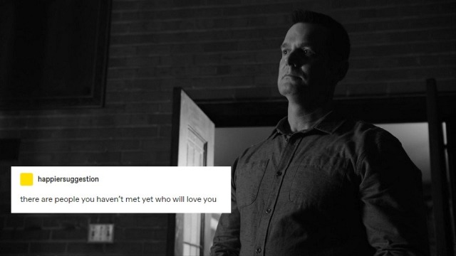 a black and white screencap of Bobby after an AA meeting from Bobby Begins Again overlaid with a text post from happiersuggestions reading "there are people you haven't met yet who will love you."