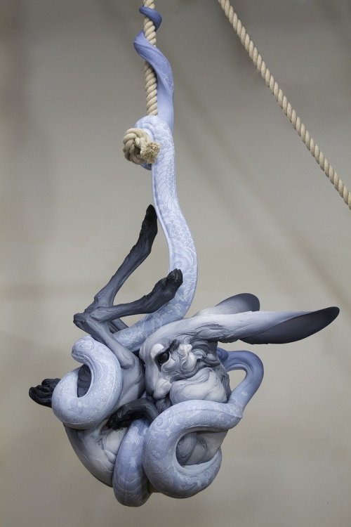 rfmmsd: Artist & Ceramicist: Beth Cavener Stichter  Painted Tattoo Design: Alessandro Gallo “Tangled Up in You” Stoneware, Ink, Paint, Rope. Total Installation height: 15 Feet from the Top Rope Knot to the Floor Total Height of the Intertwined