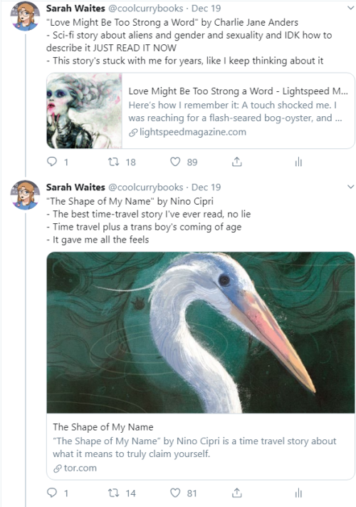 coolcurrybooks:Screenshots from my Twitter thread recommending science fiction and fantasy stories