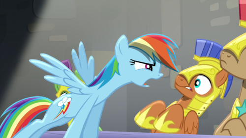 mylittlenanaki:Fun fact: while we were formally introduced to the character Spearhead in season 7, we first saw him in season 5′s Rarity Investigates! as one of the three hallway guards Rainbow Dash and Rarity interrogate.
