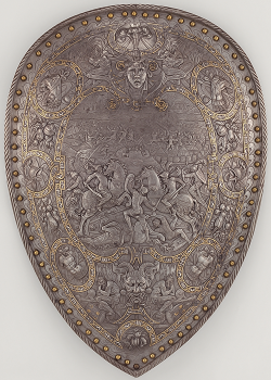 martyr-eater:  Shield of Henry II of France, France, ca. 1555.  The battle scene at the center is thought to depict the victory of Hannibal and the Carthaginians over the Romans in Cannae in 216 B.C., which here could be interpreted as an allusion to