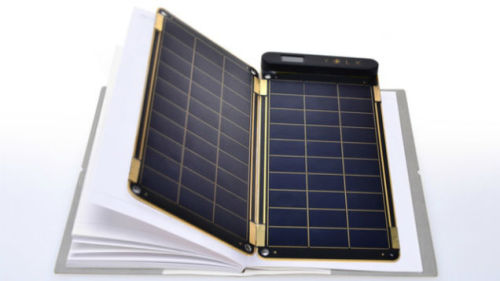 unconsumption:  A Paper-Thin Solar Panel Can Charge Your Phone on the GoSolar Paper: 7.5 inches long, 3.5 wide, and .15 thin. There’s a .45-inch thick USB charging port at the top, which sticks out of your book like a bookmark that sucks in that precious