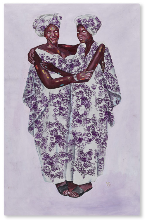 Emmanuel Taku (Ghanaian, b. 1986), Purple Sisters Embrace, 2021. Oil, acrylic and printed newspaper 