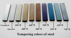 the-blacksmithing-boy:  this is just freaking awesome how the temperature can affect the color, it happens then a thin layer of magnetite forms on the hot steel as oxygen diffuses into it. This amazing process happens because of oxygen. the stuff you