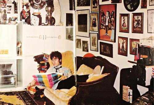 John Lennon at home in “Kenwood”, Weybridge, Surrey, England. 1967.On his wall, centre stage, Alan A