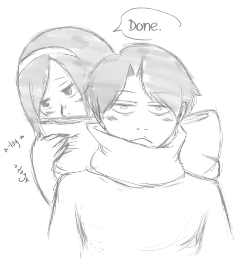 zerolr:  lampurple:  I want to imagine Mikasa wrapping a scarf around Levi except she ties it like a bow in the back and he walks away seemingly unaware     Incredible. 