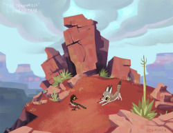 bedupolker: practicing landscapes! i love rocks, can you tell? Added a coyote and roadrunner in just for fun (hmm where have we seen that before?) Referenced photos, sketches, and memory 