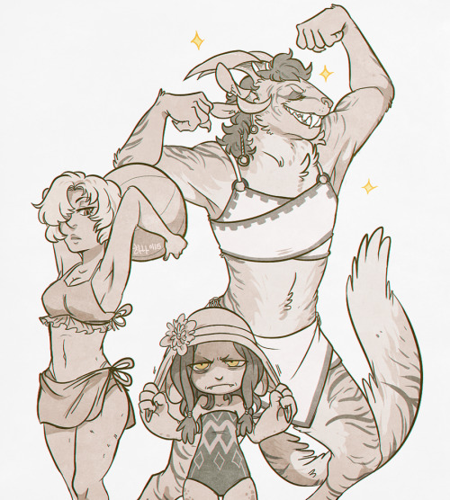 asuracolleges:i have three necromancers now so i just. drew thembut my asura is the only one whos at 80 and the other two dont have set armor looks yet so its swimsuit time instead