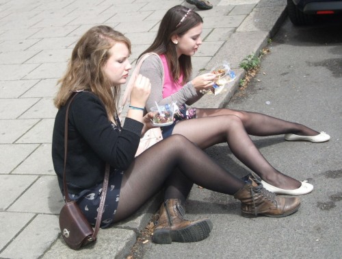 Hot girls in black pantyhose caught in the street.Woman in pantyhose
