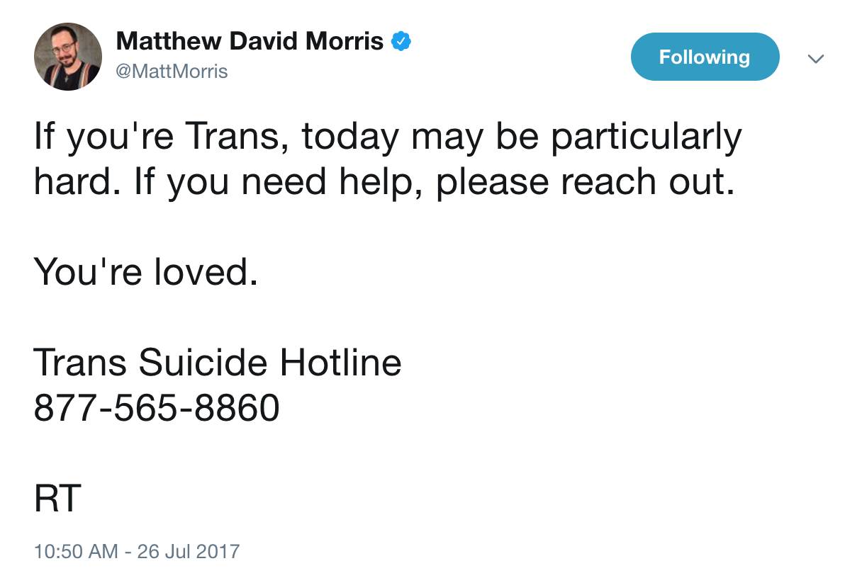 theartoftransliness:Today Donald Trump tweeted that transgender people will no longer