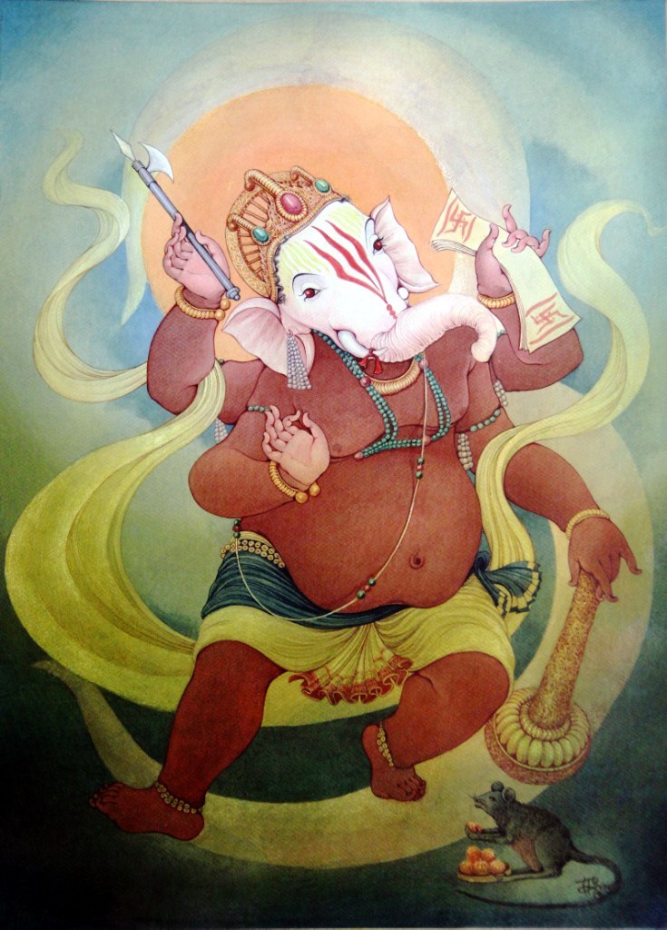 Hindu Cosmos on Tumblr: Lord Ganesha Artist: Rajendra Gupta. Watercolor  painting. (via Indian Art Ideas.in)