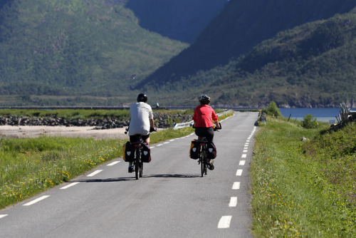 norwegiandailyphoto:Cyclists in Delp, Lofoten Islands