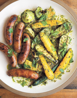 do-not-touch-my-food:  Grilled Squash and Sausages with Sauce Verte