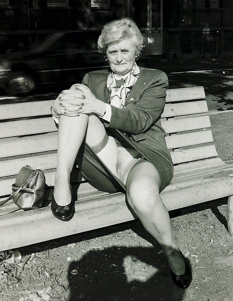 Untitled on Tumblr: Grandma spreading her legs stretching her tight dress  showing her stockings and panties underneath as she knows that i wear them