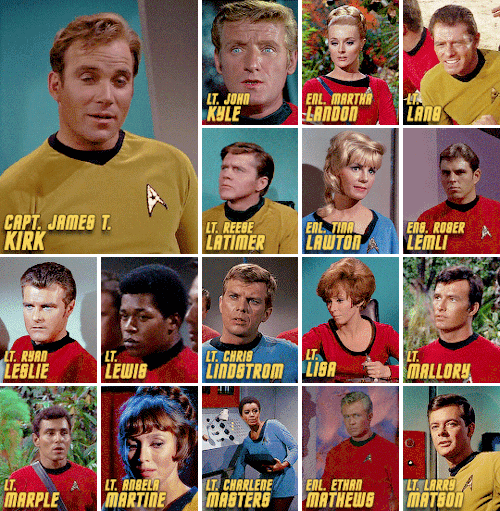 James T. Kirk - Captain - Captain - Command - 2265-2279 - 79 episodes
John Kyle - Lieutenant - Transporter Chief/Helmsman - Command/Operations - 2267-2269 - 11 episodes
Martha Landon - Enlisted -Yeoman - Operations - 2267 - 1 episode
Lang - Lieutenant Commander - Tactical Officer/Gunnery Officer - Command - Died 2267 - 1 episode
Reese Latimer - Lieutenant - Navigator - Command - Died 2267 - 1 episode
Tina Lawton - Enlisted - Third Class Yeoman - Sciences - 2266 - 1 episode
Roger Lemli - Ensign - Engineer/Transporter Operator/Security Officer - Operations - 2267-2269 - 33 episodes
Ryan Leslie - Lieutenant - Engineer/Security Officer/Duty Officer/Helmsmen/ Medical Assistant/Navigator/Science Technician - Command/Operations/Sciences - 2265- Died 2268 and then came back - 57 episodes
Lewis - Lieutenant - Security Officer - Sciences/Operations - 2266-2268 - 6 episodes
Chris Lindstrom - Lieutenant - Sociologist - Sciences - Left Enterprise 2267 - 1 episode
Lisa - Lieutenant - Communications Officer - Operation - 2269 - 1 episode
Mallory - Lieutenant - Security Officer - Operations - Died 2267 - 1 episode
Marple - Lieutenant - Security Officer - Operations - Died 2267 - 1 episode
Angela Martine - Lieutenant - Phaser Gun Crewmember - Command - 2266-2267 - 2 episodes
Charlene Masters - Lieutenant - Engineer - Sciences - 2267 - 1 episode
Ethan Mathews - Enlisted - Security Officer - Operations - Died 2266 - 1 episode
Larry Matson - Lieutenant - ??? - Command 2266 - 1 episode