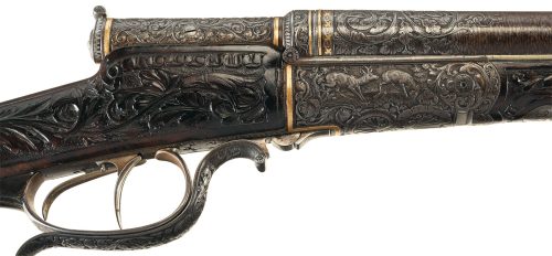 Relief engraved double barrel needlefire shotgun crafted by Heinrich Barella of Soest, Germany, mid 