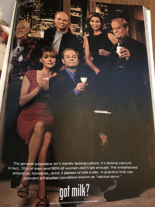 vintageadvertising:Got Milk? 1999, featuring the cast of the sitcom Frasier