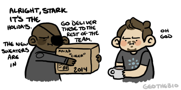 geothebio:  fury totally orders the whole gang custom ugly sweaters for the holidays