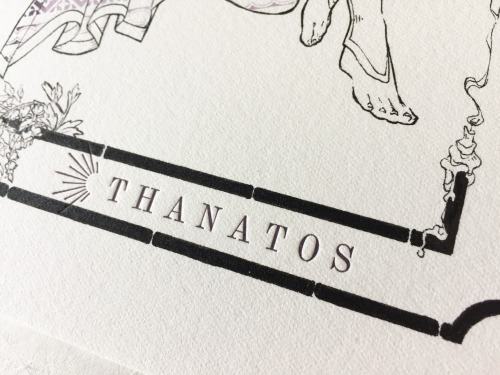 [image description: 9 photos of a combination letterpress and hand-drawn print of Thanatos from the 