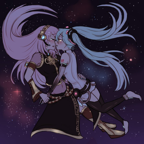   don’t leave me behind  drawn with a headcanon in mind that luka feels a bit sad because her append was never completed in time and doesn’t feel worthy enough for miku u n u which leads to sad lesbians floating in space i guess