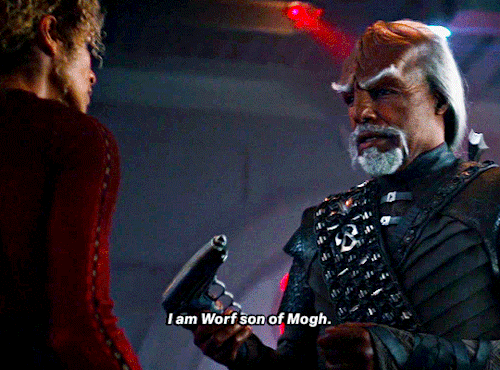 wlwkiranerys:[id: four gifs of Worf talking to Raffi Musiker saying, “I am Worf song of Mogh. House of Martok. Son of Sergey. House of Rozhenko. Bane of the Duras Family. Slayer of Gowron. I have made some chamomile tea..do you take sugar?” /end id]